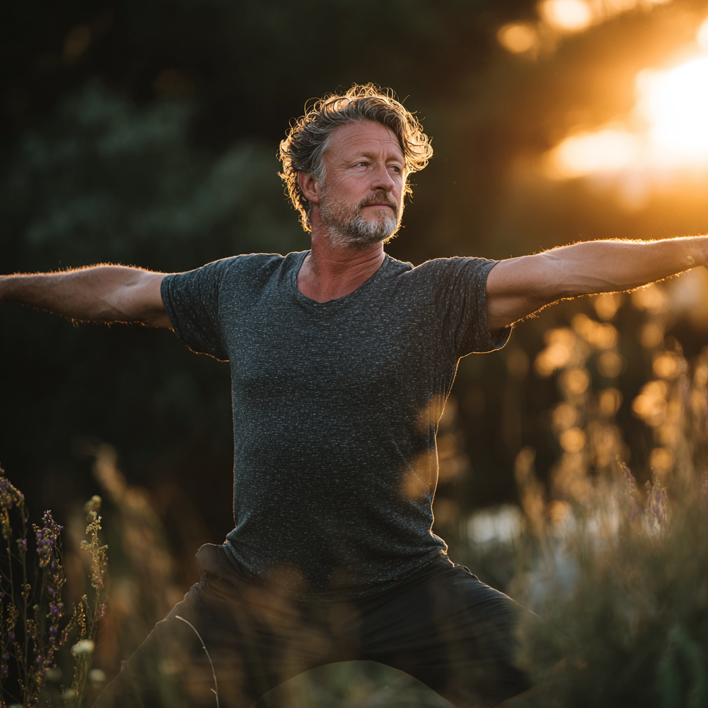Mature man in his early 50s practicing yoga outdoors during golden hour, demonstrating warrior pose with perfect form and peaceful expression, surrounded by nature with soft sunlight creating a serene atmosphere