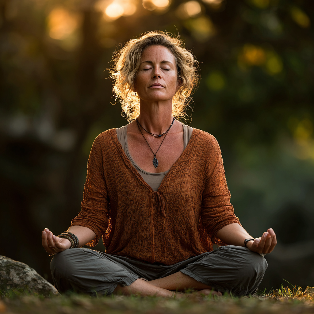 Peaceful middle-aged woman in her late 40s practicing yoga meditation in a serene natural setting, sitting cross-legged with eyes closed in a lotus position, wearing comfortable yoga attire, surrounded by soft natural lighting